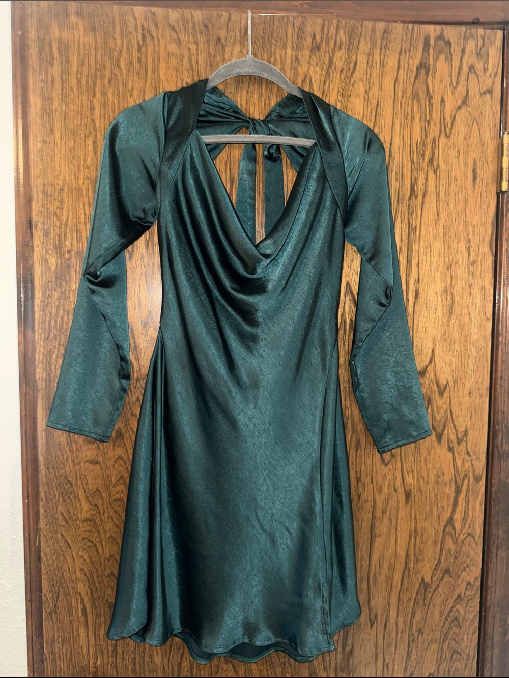 Selfie Leslie Green Satin Long-Sleeve Dress with Draped Neckline